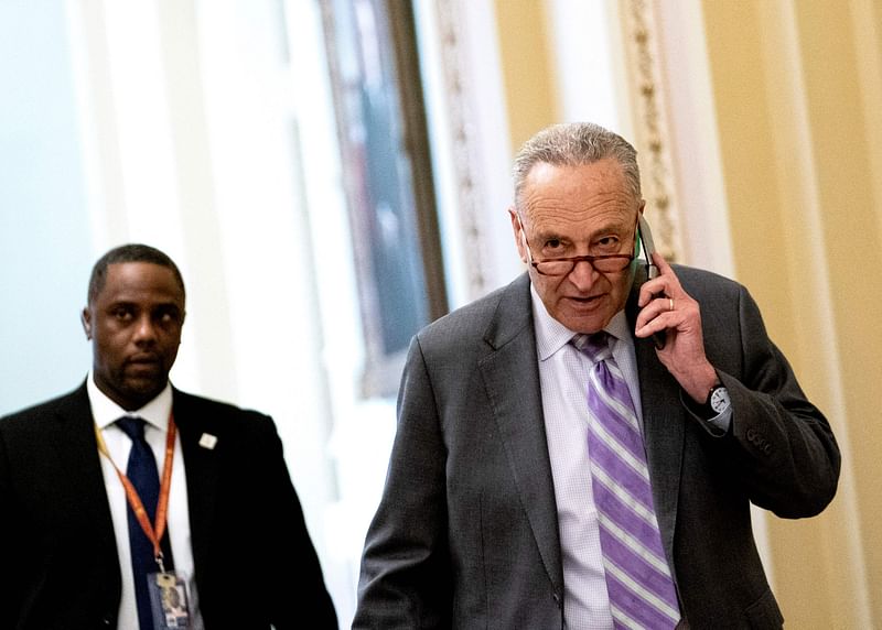 US Senate Majority Leader Chuck Schumer (D-NY) arrives to Senate Democrat policy luncheons at the US Capitol in Washington, DC, on 8 March 2022