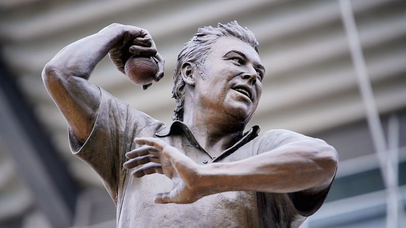 A statue of the late cricketer Shane Warne is seen outside the Melbourne Cricket Ground (MCG) in Melbourne, Australia, 5 March 2022.