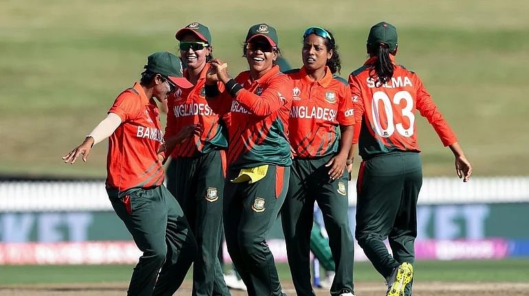 Players of Bangladesh women's national cricket team celebrate after defeating Pakistan in Women's Cricket World Cup