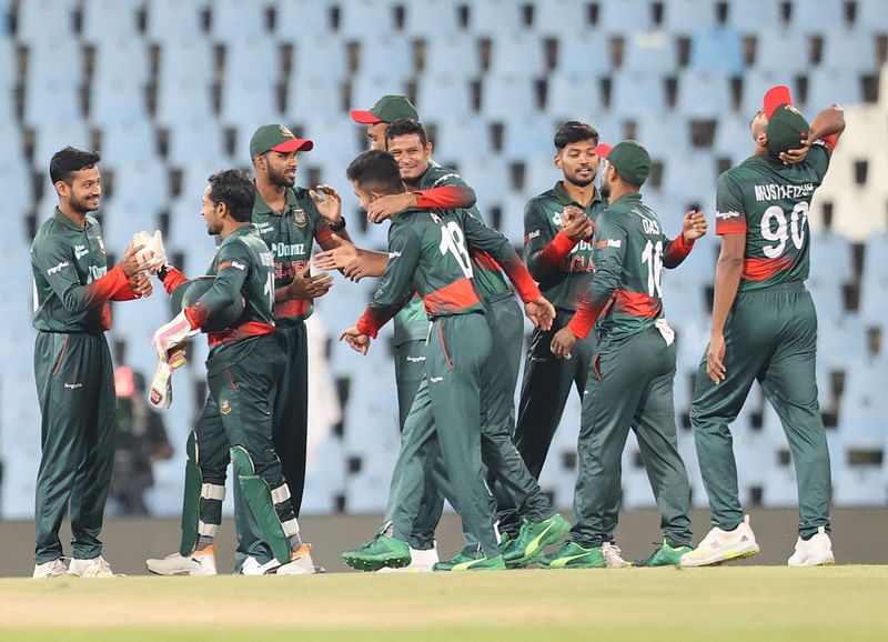 Bangladesh players celebrate their victory over South Africa after their first one-day international (ODI) cricket match at Super Sport Park in Centurion on 18 March, 2022