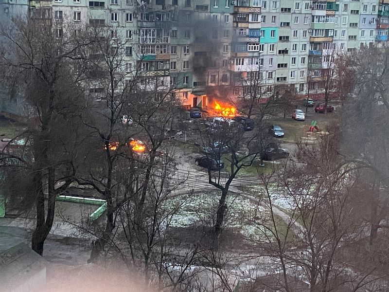 Fire is seen in Mariupol at a residential area after shelling amid Russia's invasion of Ukraine on 3 March 2022, in this image obtained from social media