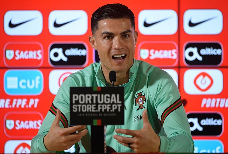 Portugal's forward Cristiano Ronaldo holds a press conference at the Dragao stadium in Porto on 28 March, 2022 on the eve of the World Cup 2022 qualifying final first leg football match between Portugal and North Macedonia.