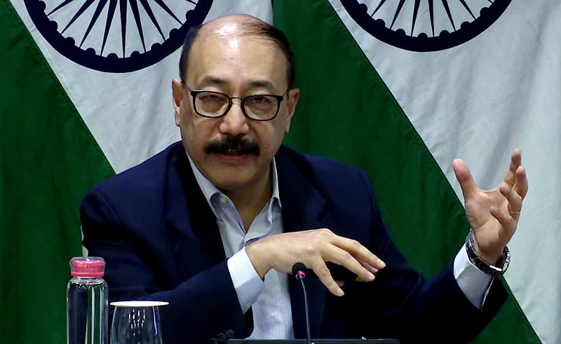 Indian foreign secretary Harsh Vardhan Shringla addresses a press conference, in New Delhi on 27 February 2022