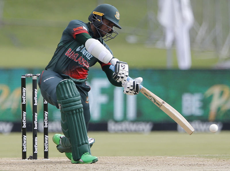 Bangladesh's Shakib Al Hasan plays a shot during the first one-day international (ODI) cricket match between South Africa and Bangladesh at SuperSport Park in Centurion on 18 March 2022