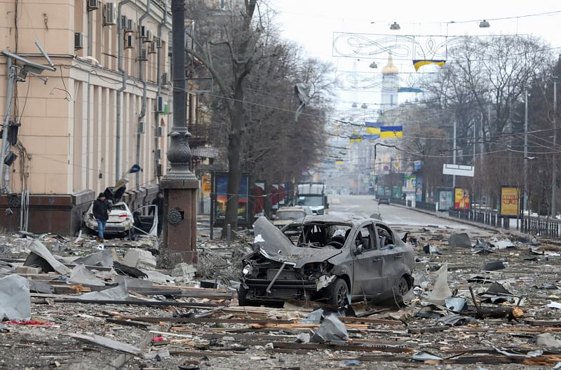 A view shows the area near the regional administration building, which city officials said was hit by a missile attack, in central Kharkiv, Ukraine, 1 March, 2022