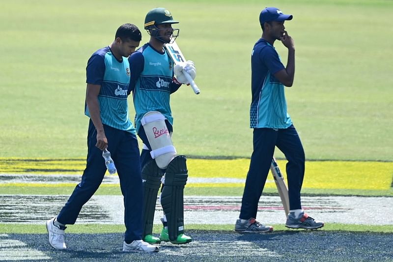 Bangladesh's players attend a practice session on the eve of their second Twenty20 international cricket match against Afghanistan at the Sher-e-Bangla National Cricket Stadium in Dhaka on 4 March 2022