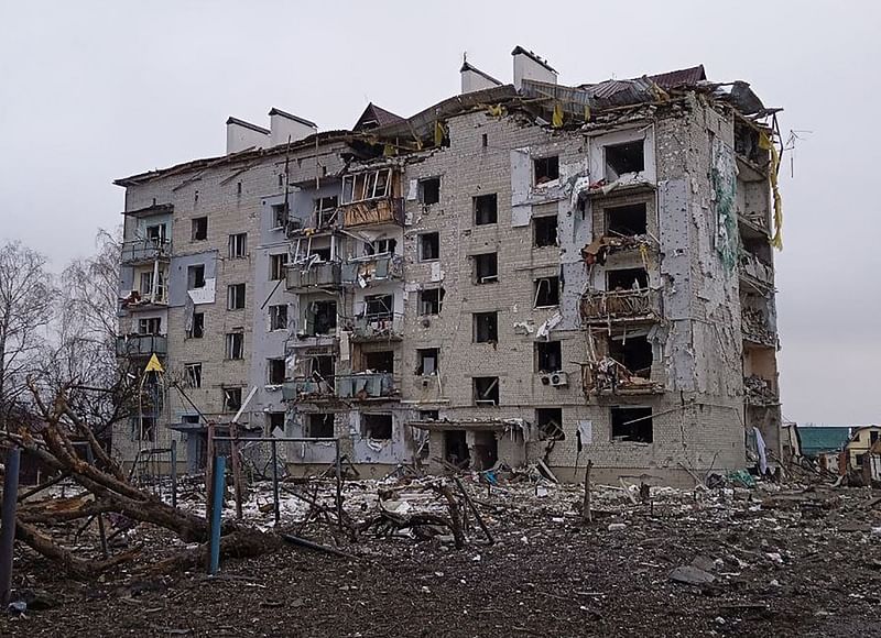 This picture made available by ESN on 3 March 2022 shows a destroyed building in Borodyanka, northwest of Kyiv