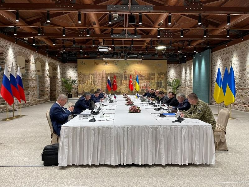 Members of the Ukrainian delegation attend the talks with Russian negotiators, as Russia's attack on Ukraine continues, in Istanbul, Turkey on 29 March 2022.