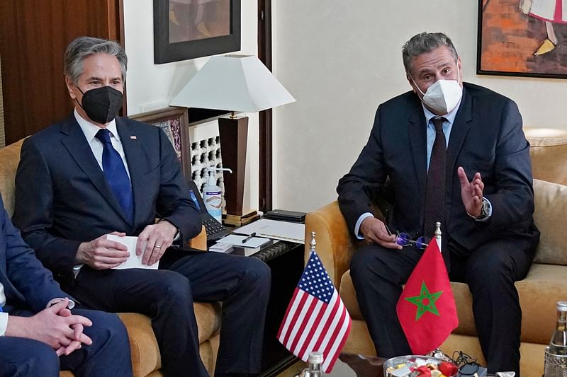 US Secretary of State Antony Blinken (L) meets with Morocco’s Prime Minister Aziz Akhannouch (R) in the capital Rabat on 29 March, 2022