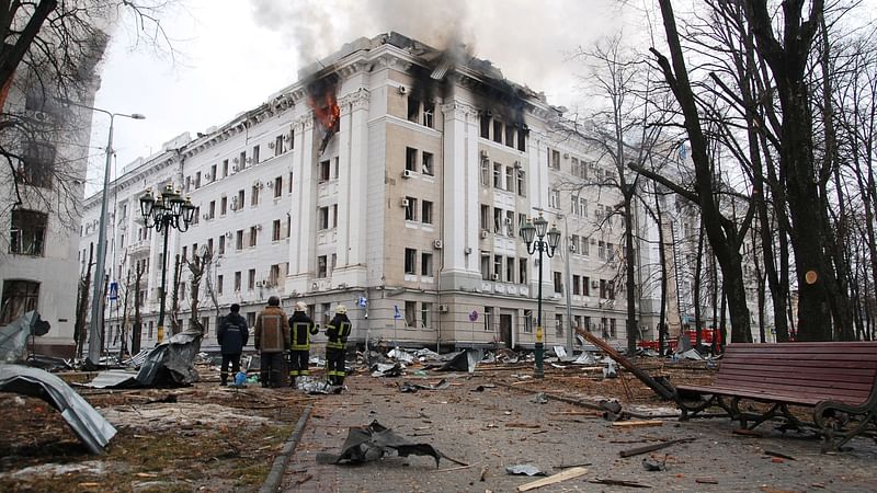 Flames and smoke billows from a regional police department building, which city officials said was damaged by recent shelling, in Kharkiv, Ukraine on 2 March 2022