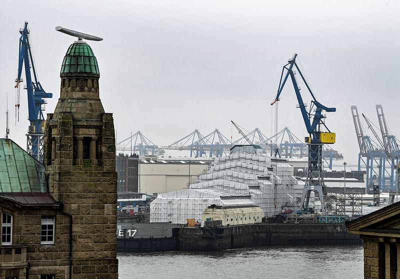 The 156 metres Dilbar superyacht owned by Russian billionaire Alisher Usmanov, lies in the Blohm & Voss dock in the harbor in Hamburg, Germany on 3 March, 2022.