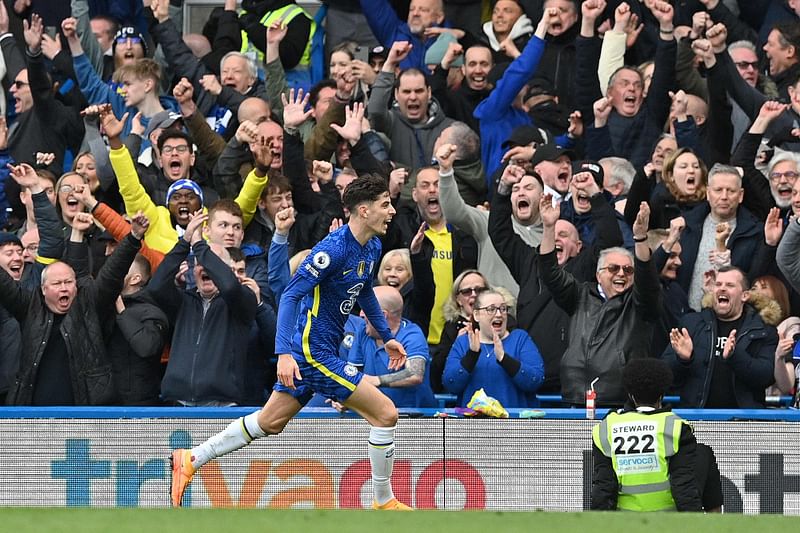 Chelsea's German midfielder Kai Havertz celebrates scoring the opening goal during the English Premier League football match between Chelsea and Newcastle United at Stamford Bridge in London on 13 March, 2022