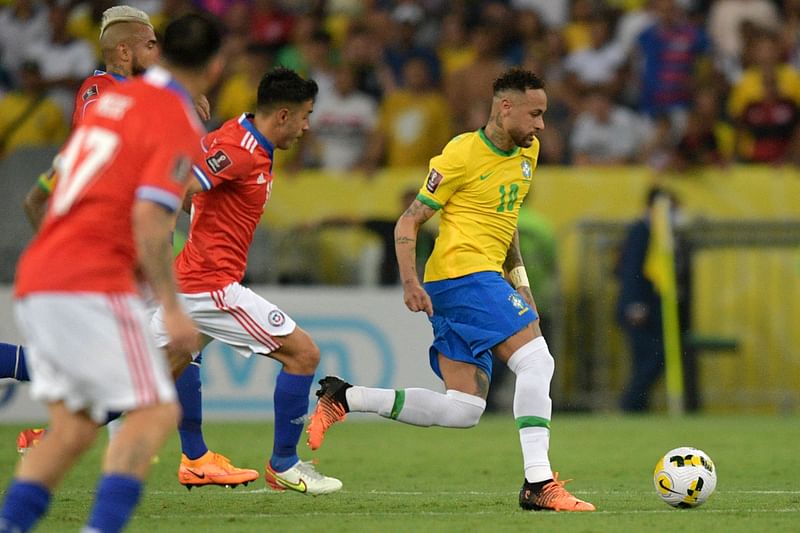 Brazil's Neymar in action during their South American qualification football match against Chile 
for the FIFA World Cup Qatar 2022, at Maracana Stadium in Rio de Janeiro, Brazil, on 24 March 2022.