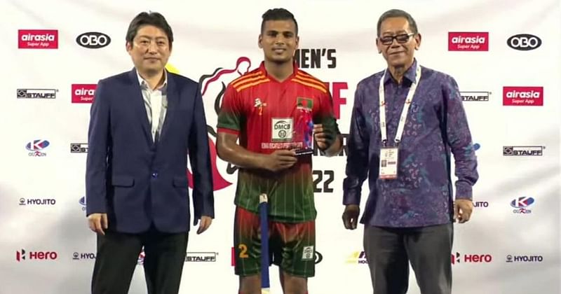 Bangladesh's Ashraful Islam receives the best player of the match award