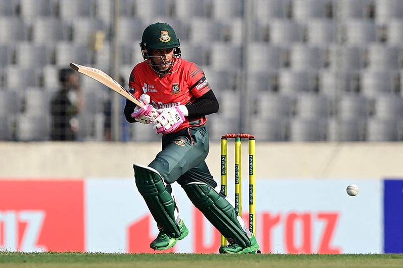 Bangladesh's Mushfiqur Rahim plays a shot during the second Twenty20 international cricket match between Bangladesh and Afghanistan at the Sher-e-Bangla National Cricket Stadium in Dhaka on 5 March, 2022