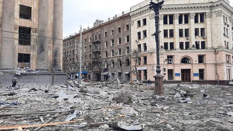 This handout picture published on the Telegram account of the State Emergency Service of Ukraine, shows the square outside the headquarters of the Kharkiv administration in Kharkiv after it was shelled on 1 March, 2022