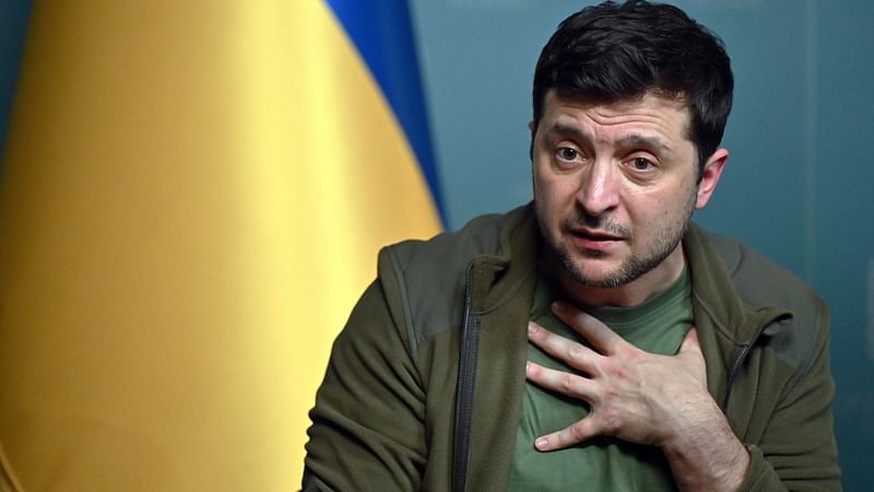 Ukrainian President Volodymyr Zelensky speaks during a press conference in Kyiv on 3 March 2022.