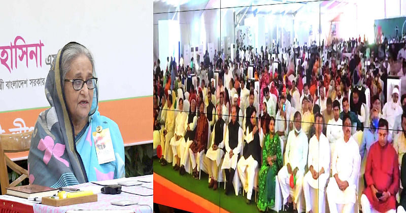 Prime minister Sheikh Hasina addresses a discussion virtually from her official residence Ganobhaban on Friday.