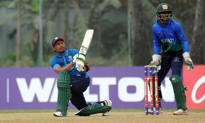 Anamul Haque Bijoy plays a shot during a DPL match against Shinepukur Cricket Club