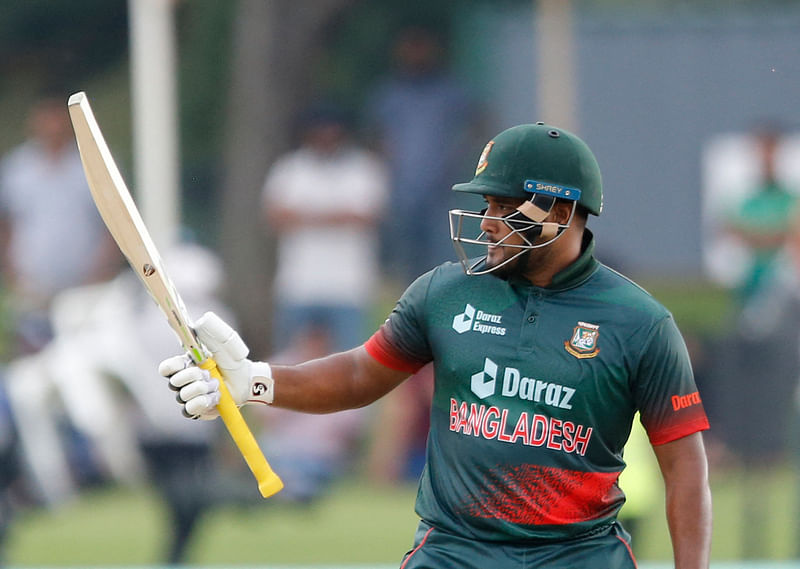 Bangladesh's Yasir Ali celebrates after scoring a half-century (50 runs) during the first one-day international (ODI) cricket match between South Africa and Bangladesh at SuperSport Park in Centurion on 18 March 2022