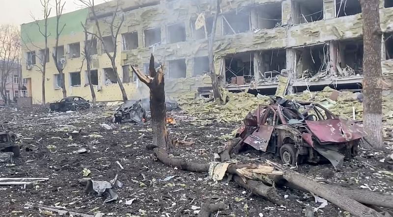 Debris is seen on site of the destroyed Mariupol children's hospital as Russia's invasion of Ukraine continues, in Mariupol, Ukraine, on 9 March 2022.