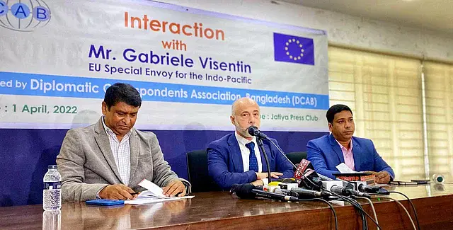 European Union special envoy for Indo-Pacific, Gabriele Visentin, at meeting organised by Diplomatic Correspondent Association Bangladesh (DCAB) at the National Press Club in the capital on Friday.