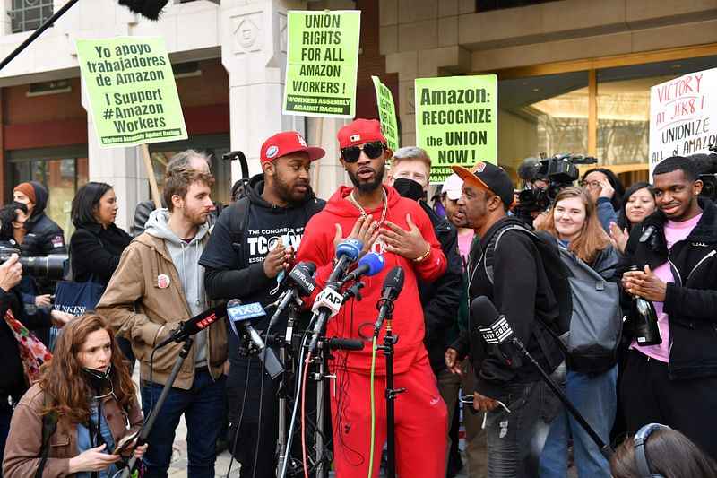 Union organiser Christian Smalls speaks following the 1 April 2022, vote for the unionisation of the Amazon Staten Island warehouse in New York