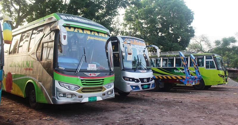 Highway buses parked at the Chuadanga bus terminal