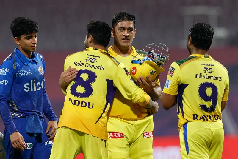 Chennai Super Kings batsman Mahendra Singh Dhoni celebrates after completing the win against Mumbai Indians in Mumbai on 21 April, 2022.