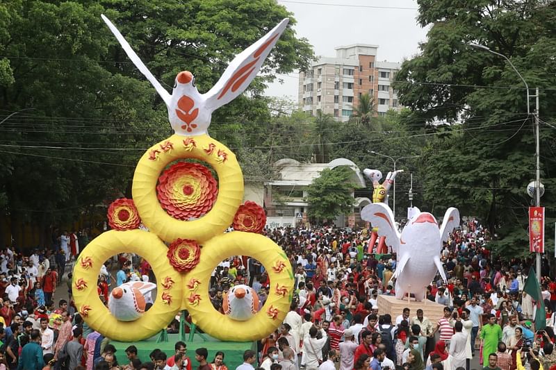 Mongol Shobhajatra is brought out on 14 April to mark the Pahela Baishakh. The picture was taken from Dhaka University area.