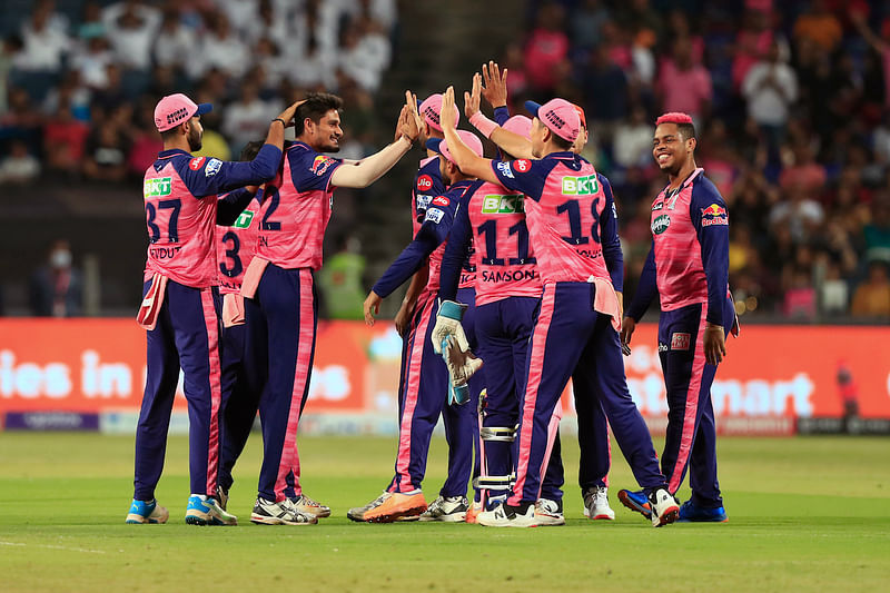 Rajasthan Royals Kuldeep Sen celebrates the dismissal during the Indian Premier League 2022 match between Royal Challengers Bangalore and Rajasthan Royals, at Maharashtra Cricket Association Stadium, in Pune on 26 April, 2022