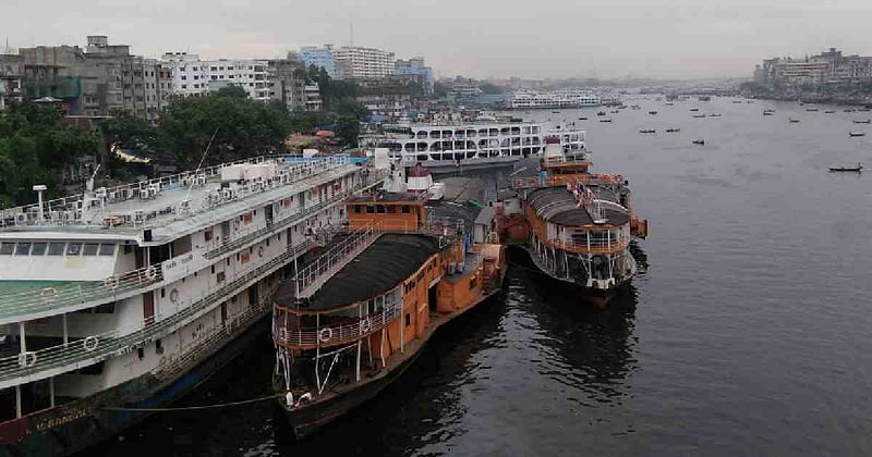 Launches waiting at Sadarghat terminal in Dhaka