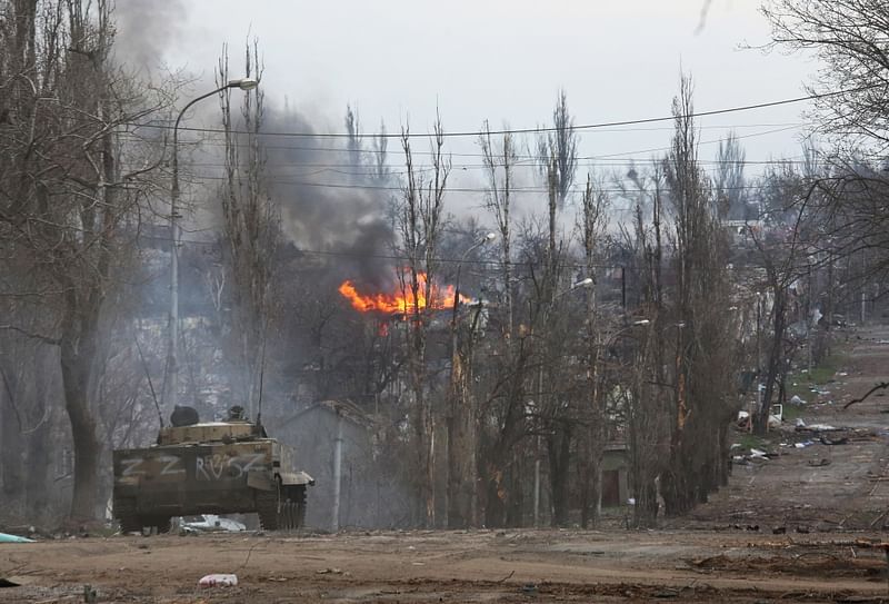 An armoured vehicle of pro-Russian troops is seen in the street during Ukraine-Russia conflict in the southern port city of Mariupol, Ukraine on 11 April, 2022.