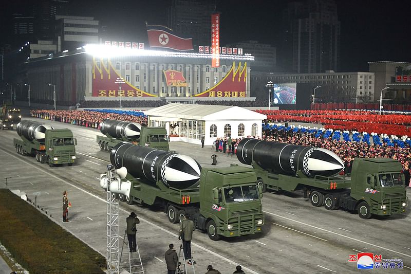 This file picture taken on 14 January, 2021 and released from North Korea's official Korean Central News Agency (KCNA) on 
15 January shows what appears to be submarine-launched ballistic missiles during a military parade