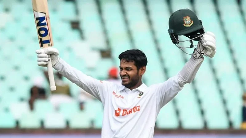 Mahmudul Hasan Joy celebrates after scoring his maiden Test century.