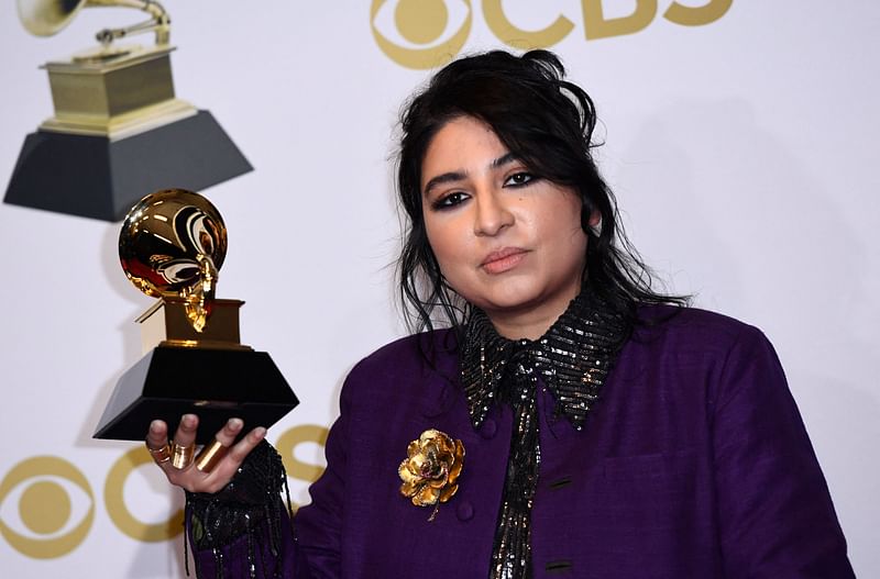 Pakistani vocalist Arooj Aftab poses with the Best Global Music Performance in the press room during the 64th Annual Grammy Awards at the MGM Grand Garden Arena in Las Vegas on 3 April, 2022