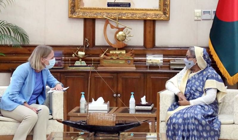 Visiting Norwegian Foreign Minister Anniken Huitfeldt pays a courtesy call on Prime Minister Sheikh Hasina at her official residence, Gonobhaban, in Dhaka on 25 April 2022