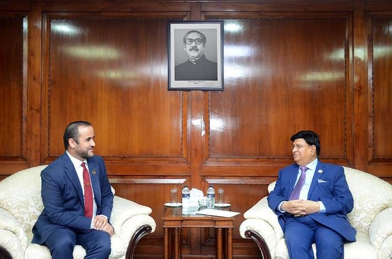 Newly appointed IOM Chief of Mission in Bangladesh, Abdusattor Esoev (L), calls on Foreign Minister AK Abdul Momen at the Ministry on 26 April 2022