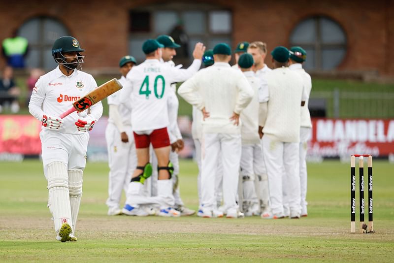 Tamim Iqbal walks back after his dismissal on Day 2 of the second Test at the St. George's Park in Port Elizabeth on Saturday.