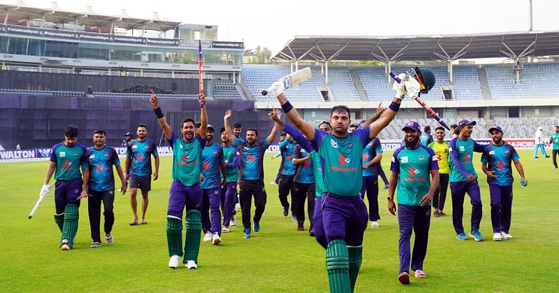 Player of Sheikh Jamal Dhanmondi Club celebrates after winning their maiden Dhaka Premier League Title