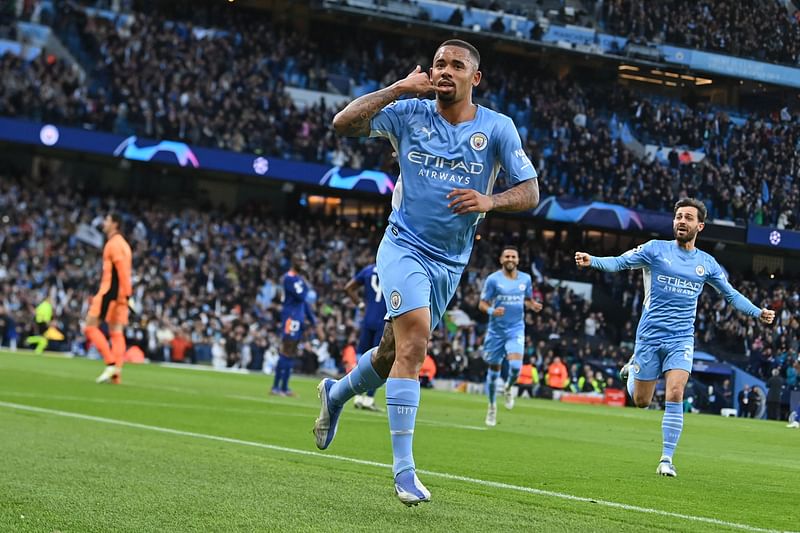 Manchester City's Brazilian striker Gabriel Jesus celebrates after scoring his team second goal during the UEFA Champions League semi-final first leg football match between Manchester City and Real Madrid, at the Etihad Stadium, in Manchester, on 26 April, 2022