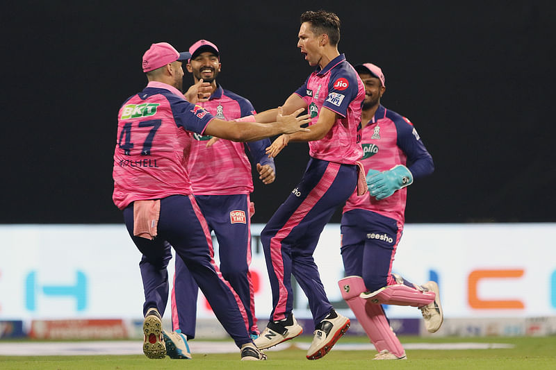 Rajasthan Royal Trent Boult celebrate the dismissal of Lucknow Super Giants KL Rahul during the IPL 2022 match between Rajasthan Royals and Lucknow Super Giants, at Wankhede Stadium in Mumbai on 10 April, 2022