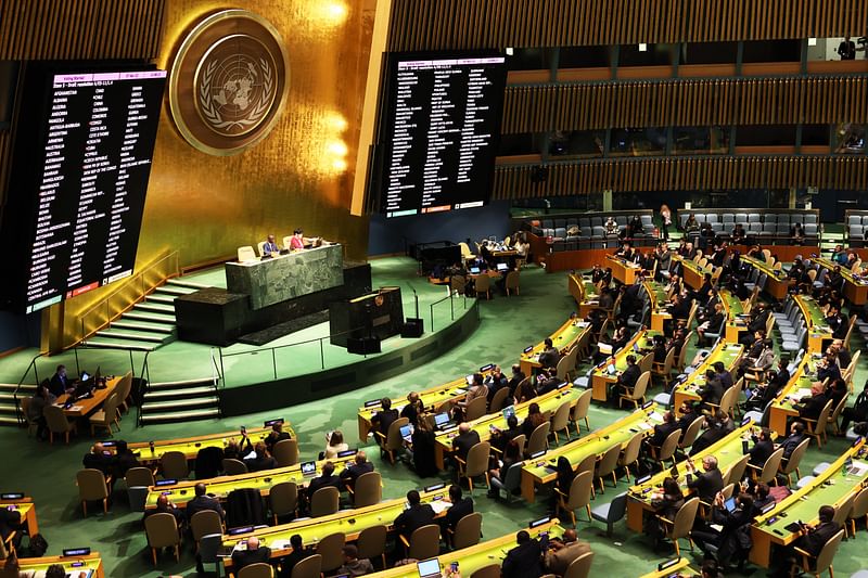 The results of the votes to expel Russia from the UN Human Rights Council of members of the United Nations General Assembly is seen on a screen during a continuation of the Eleventh Emergency Special Session on the invasion of Ukraine on 7 April, 2022 in New York City