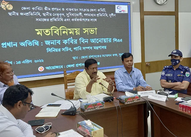 Kabir Bin Anwar is addressing a views exchange meeting on the situation of Sunamganj haor organised by the district administration on Thursday afternoon.