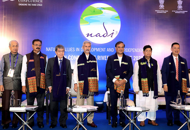 India's External Affairs Minister S Jaishankar, Assam Chief Minister Himanta Biswa Sarma along with other dignitaries during the opening session on NADI 2022 (Natural Allies in Development and Interdependence) "Asian Confluence River Conclave 2022", at Radisson Blu, in Guwahati on 28 May 2022