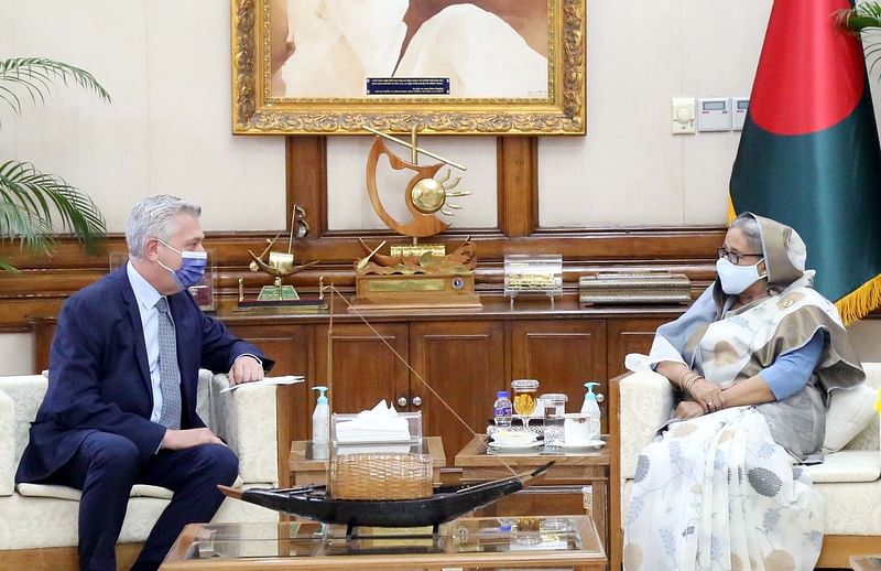 Prime Minister Sheikh Hasina United Nations High Commissioner for Refugees (UNHCR) Fillippo Grandi pays a courtesy call on her at her official residence, Gonobhaban, in Dhaka on 24 May 2022