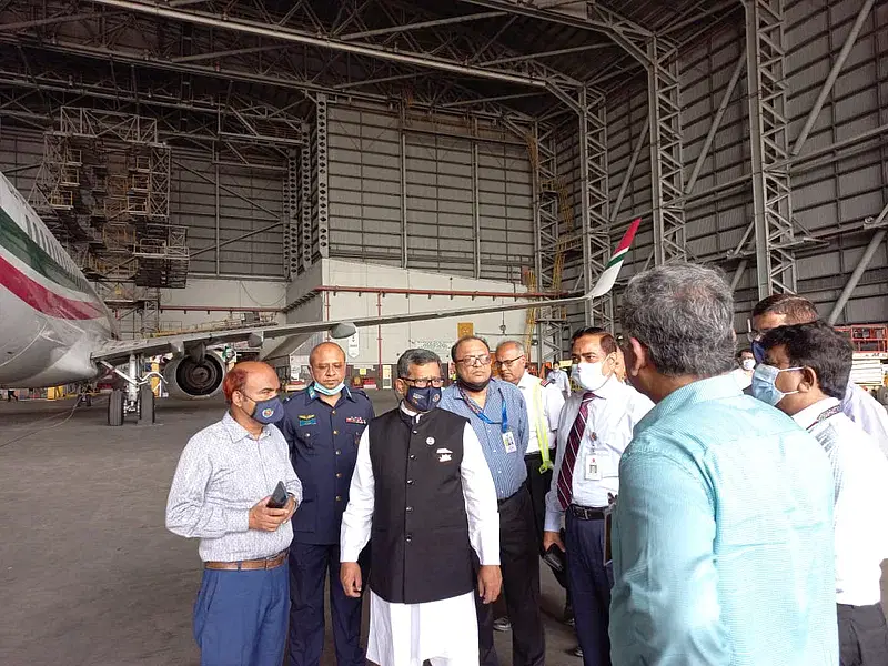 State minister for civil aviation and tourism Md Mahbub Ali visits the damaged aircraft on 11 April.