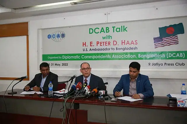 US ambassador Peter Haas addresses Diplomatic Correspondents Association Bangladesh (DCAB) Talk at the National Press Club on Tuesday.