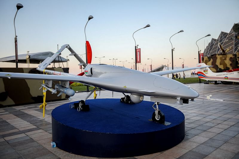 A Bayraktar TB2 unmanned combat aerial vehicle is exhibited at the Teknofest aerospace and technology festival in Baku, Azerbaijan on 27 May 2022.