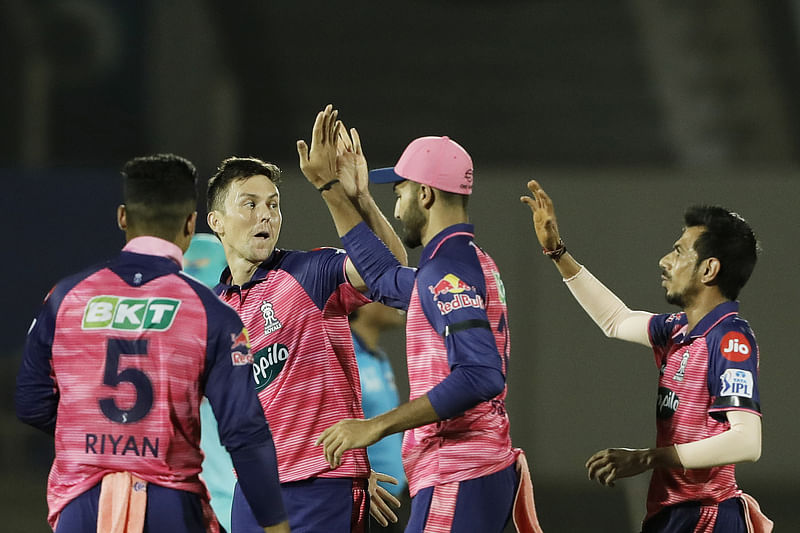 Rajasthan Royals Trent Boult celebrates the dismissal of Lucknow Super Giants Quinton de Kock during the Indian Premier League 2022 match between Lucknow Super Giants and Rajasthan Royals, at Brabourne Stadium, in Mumbai on 15 May, 2022